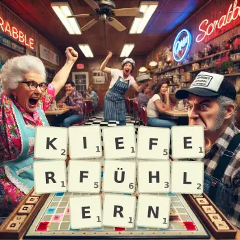 Kreative Illustration für ein Scrabble-Spiel, bei dem das Wort KIEFERFÜHLERN mit Steinen auf dem Brett gelegt wurde.