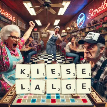 Kreative Illustration für ein Scrabble-Spiel, bei dem das Wort KIESELALGE mit Steinen auf dem Brett gelegt wurde.