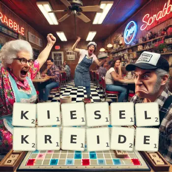Kreative Illustration für ein Scrabble-Spiel, bei dem das Wort KIESELKREIDE mit Steinen auf dem Brett gelegt wurde.