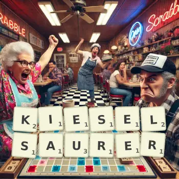 Kreative Illustration für ein Scrabble-Spiel, bei dem das Wort KIESELSAURER mit Steinen auf dem Brett gelegt wurde.