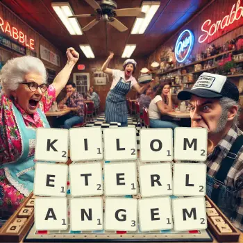 Kreative Illustration für ein Scrabble-Spiel, bei dem das Wort KILOMETERLANGEM mit Steinen auf dem Brett gelegt wurde.