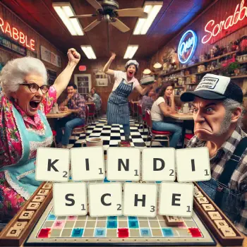 Kreative Illustration für ein Scrabble-Spiel, bei dem das Wort KINDISCHE mit Steinen auf dem Brett gelegt wurde.