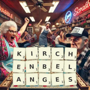 Kreative Illustration für ein Scrabble-Spiel, bei dem das Wort KIRCHENBELANGES mit Steinen auf dem Brett gelegt wurde.