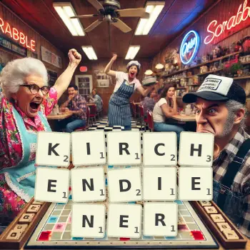 Kreative Illustration für ein Scrabble-Spiel, bei dem das Wort KIRCHENDIENER mit Steinen auf dem Brett gelegt wurde.