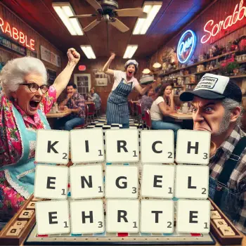 Kreative Illustration für ein Scrabble-Spiel, bei dem das Wort KIRCHENGELEHRTE mit Steinen auf dem Brett gelegt wurde.