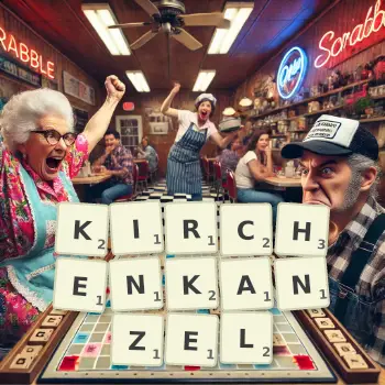 Kreative Illustration für ein Scrabble-Spiel, bei dem das Wort KIRCHENKANZEL mit Steinen auf dem Brett gelegt wurde.