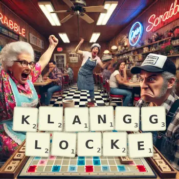 Kreative Illustration für ein Scrabble-Spiel, bei dem das Wort KLANGGLOCKE mit Steinen auf dem Brett gelegt wurde.
