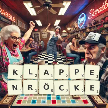 Kreative Illustration für ein Scrabble-Spiel, bei dem das Wort KLAPPENRÖCKE mit Steinen auf dem Brett gelegt wurde.