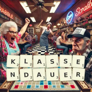 Kreative Illustration für ein Scrabble-Spiel, bei dem das Wort KLASSENDAUER mit Steinen auf dem Brett gelegt wurde.