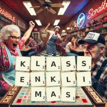 Kreative Illustration für ein Scrabble-Spiel, bei dem das Wort KLASSENKLIMAS mit Steinen auf dem Brett gelegt wurde.