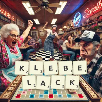 Kreative Illustration für ein Scrabble-Spiel, bei dem das Wort KLEBELACK mit Steinen auf dem Brett gelegt wurde.