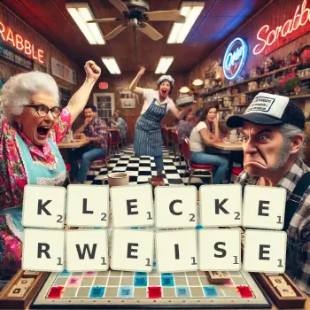 Kreative Illustration für ein Scrabble-Spiel, bei dem das Wort KLECKERWEISE mit Steinen auf dem Brett gelegt wurde.