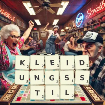 Kreative Illustration für ein Scrabble-Spiel, bei dem das Wort KLEIDUNGSSTIL mit Steinen auf dem Brett gelegt wurde.