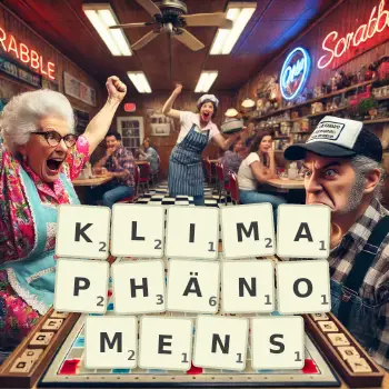Kreative Illustration für ein Scrabble-Spiel, bei dem das Wort KLIMAPHÄNOMENS mit Steinen auf dem Brett gelegt wurde.