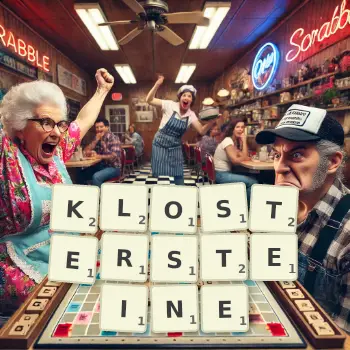 Kreative Illustration für ein Scrabble-Spiel, bei dem das Wort KLOSTERSTEINE mit Steinen auf dem Brett gelegt wurde.