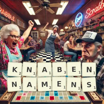 Kreative Illustration für ein Scrabble-Spiel, bei dem das Wort KNABENNAMENS mit Steinen auf dem Brett gelegt wurde.