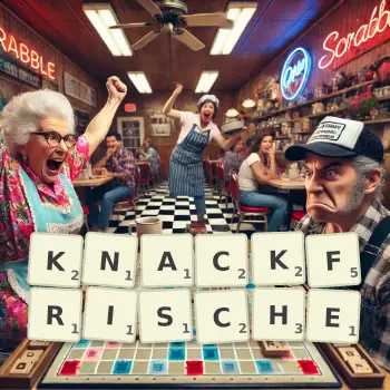 Kreative Illustration für ein Scrabble-Spiel, bei dem das Wort KNACKFRISCHE mit Steinen auf dem Brett gelegt wurde.