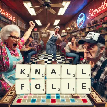 Kreative Illustration für ein Scrabble-Spiel, bei dem das Wort KNALLFOLIE mit Steinen auf dem Brett gelegt wurde.