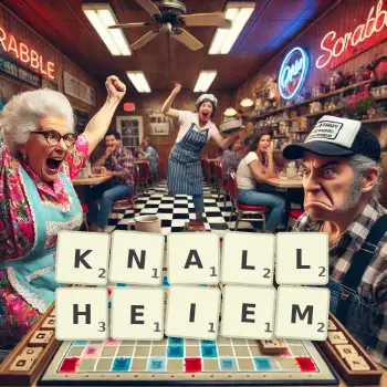 Kreative Illustration für ein Scrabble-Spiel, bei dem das Wort KNALLHEIEM mit Steinen auf dem Brett gelegt wurde.
