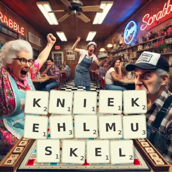 Kreative Illustration für ein Scrabble-Spiel, bei dem das Wort KNIEKEHLMUSKEL mit Steinen auf dem Brett gelegt wurde.