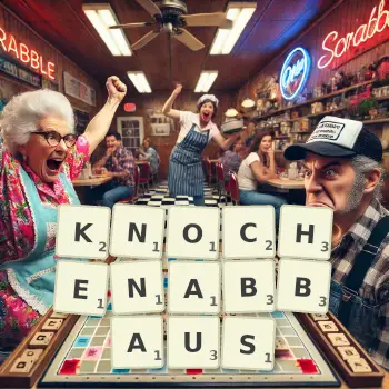 Kreative Illustration für ein Scrabble-Spiel, bei dem das Wort KNOCHENABBAUS mit Steinen auf dem Brett gelegt wurde.