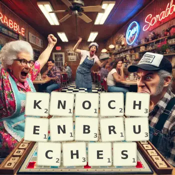 Kreative Illustration für ein Scrabble-Spiel, bei dem das Wort KNOCHENBRUCHES mit Steinen auf dem Brett gelegt wurde.