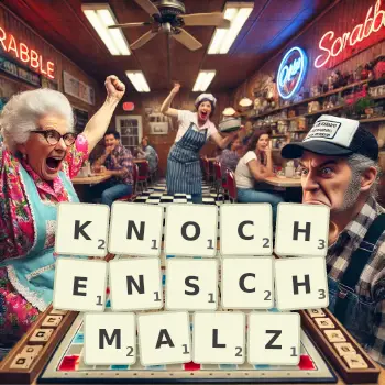Kreative Illustration für ein Scrabble-Spiel, bei dem das Wort KNOCHENSCHMALZ mit Steinen auf dem Brett gelegt wurde.