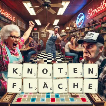 Kreative Illustration für ein Scrabble-Spiel, bei dem das Wort KNOTENFLÄCHE mit Steinen auf dem Brett gelegt wurde.