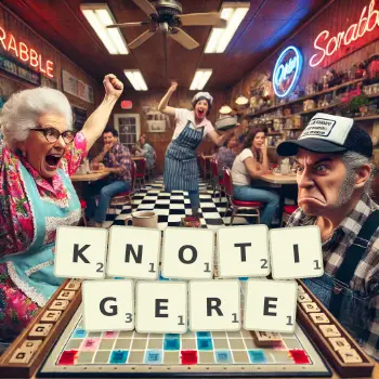 Kreative Illustration für ein Scrabble-Spiel, bei dem das Wort KNOTIGERE mit Steinen auf dem Brett gelegt wurde.