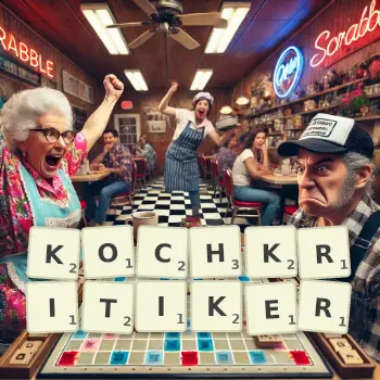 Kreative Illustration für ein Scrabble-Spiel, bei dem das Wort KOCHKRITIKER mit Steinen auf dem Brett gelegt wurde.