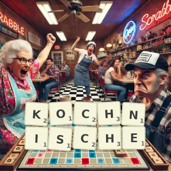 Kreative Illustration für ein Scrabble-Spiel, bei dem das Wort KOCHNISCHE mit Steinen auf dem Brett gelegt wurde.