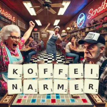Kreative Illustration für ein Scrabble-Spiel, bei dem das Wort KOFFEINARMER mit Steinen auf dem Brett gelegt wurde.