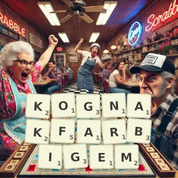 Kreative Illustration für ein Scrabble-Spiel, bei dem das Wort KOGNAKFARBIGEM mit Steinen auf dem Brett gelegt wurde.