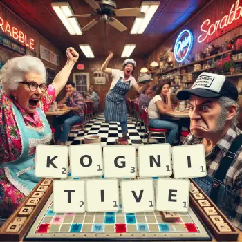 Kreative Illustration für ein Scrabble-Spiel, bei dem das Wort KOGNITIVE mit Steinen auf dem Brett gelegt wurde.