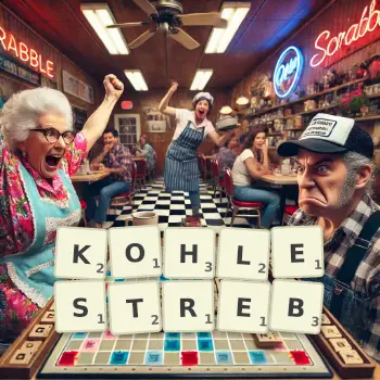 Kreative Illustration für ein Scrabble-Spiel, bei dem das Wort KOHLESTREB mit Steinen auf dem Brett gelegt wurde.