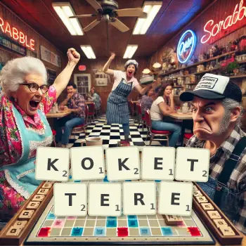 Kreative Illustration für ein Scrabble-Spiel, bei dem das Wort KOKETTERE mit Steinen auf dem Brett gelegt wurde.