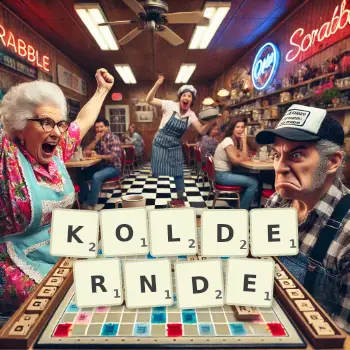 Kreative Illustration für ein Scrabble-Spiel, bei dem das Wort KOLDERNDE mit Steinen auf dem Brett gelegt wurde.