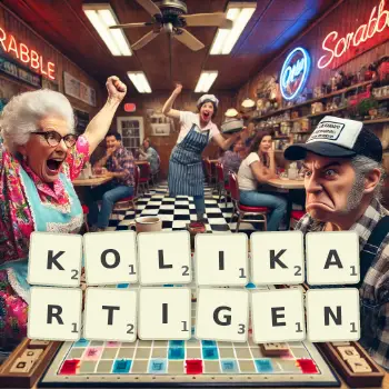Kreative Illustration für ein Scrabble-Spiel, bei dem das Wort KOLIKARTIGEN mit Steinen auf dem Brett gelegt wurde.