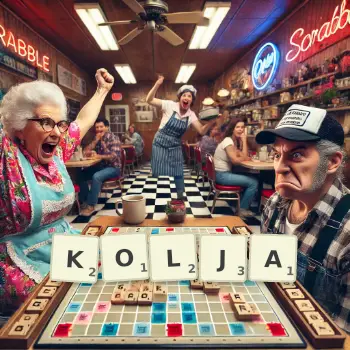 Kreative Illustration für ein Scrabble-Spiel, bei dem das Wort KOLJA mit Steinen auf dem Brett gelegt wurde.