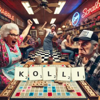 Kreative Illustration für ein Scrabble-Spiel, bei dem das Wort KOLLI mit Steinen auf dem Brett gelegt wurde.