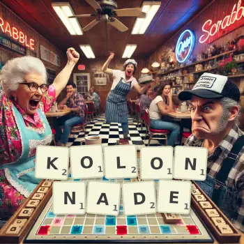 Kreative Illustration für ein Scrabble-Spiel, bei dem das Wort KOLONNADE mit Steinen auf dem Brett gelegt wurde.