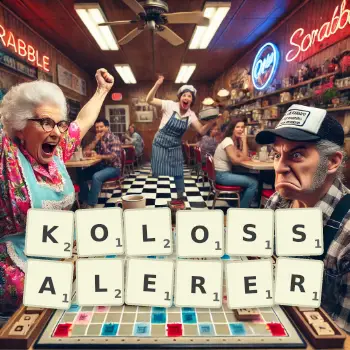 Kreative Illustration für ein Scrabble-Spiel, bei dem das Wort KOLOSSALERER mit Steinen auf dem Brett gelegt wurde.