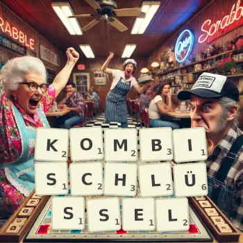 Kreative Illustration für ein Scrabble-Spiel, bei dem das Wort KOMBISCHLÜSSEL mit Steinen auf dem Brett gelegt wurde.