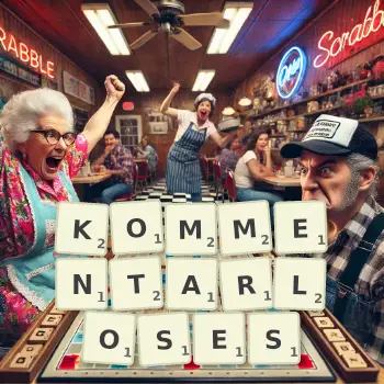 Kreative Illustration für ein Scrabble-Spiel, bei dem das Wort KOMMENTARLOSES mit Steinen auf dem Brett gelegt wurde.