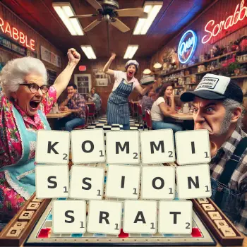 Kreative Illustration für ein Scrabble-Spiel, bei dem das Wort KOMMISSIONSRAT mit Steinen auf dem Brett gelegt wurde.