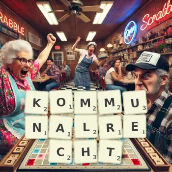 Kreative Illustration für ein Scrabble-Spiel, bei dem das Wort KOMMUNALRECHT mit Steinen auf dem Brett gelegt wurde.