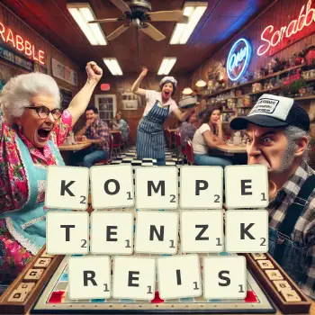 Kreative Illustration für ein Scrabble-Spiel, bei dem das Wort KOMPETENZKREIS mit Steinen auf dem Brett gelegt wurde.