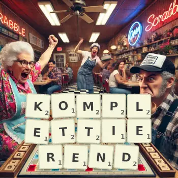 Kreative Illustration für ein Scrabble-Spiel, bei dem das Wort KOMPLETTIEREND mit Steinen auf dem Brett gelegt wurde.