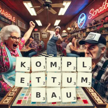 Kreative Illustration für ein Scrabble-Spiel, bei dem das Wort KOMPLETTUMBAU mit Steinen auf dem Brett gelegt wurde.