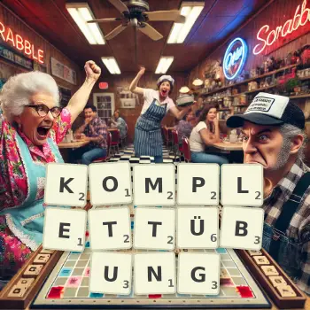 Kreative Illustration für ein Scrabble-Spiel, bei dem das Wort KOMPLETTÜBUNG mit Steinen auf dem Brett gelegt wurde.